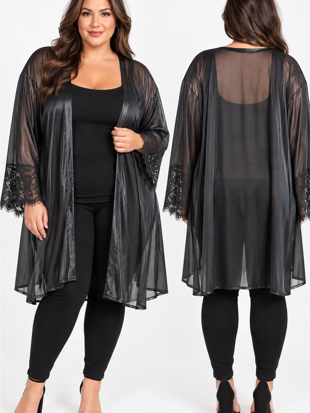 Black Sheer Kimono Cardigan with Lace Cuffs – XL